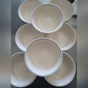 CORELLE Tan blue stripe soup bowls ×8